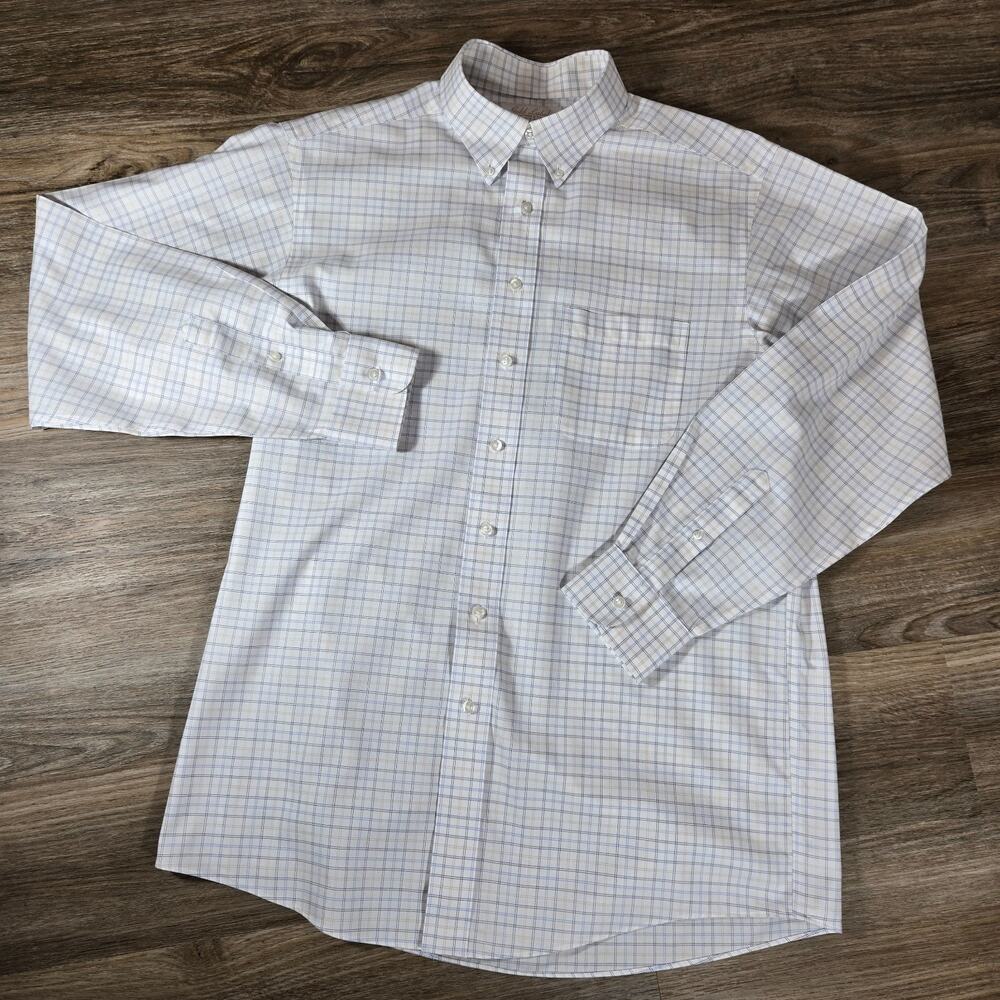 Roundtree Yorke Gold Label Dress Shirt Mens 16-35 White Blue Check Twill No Iron